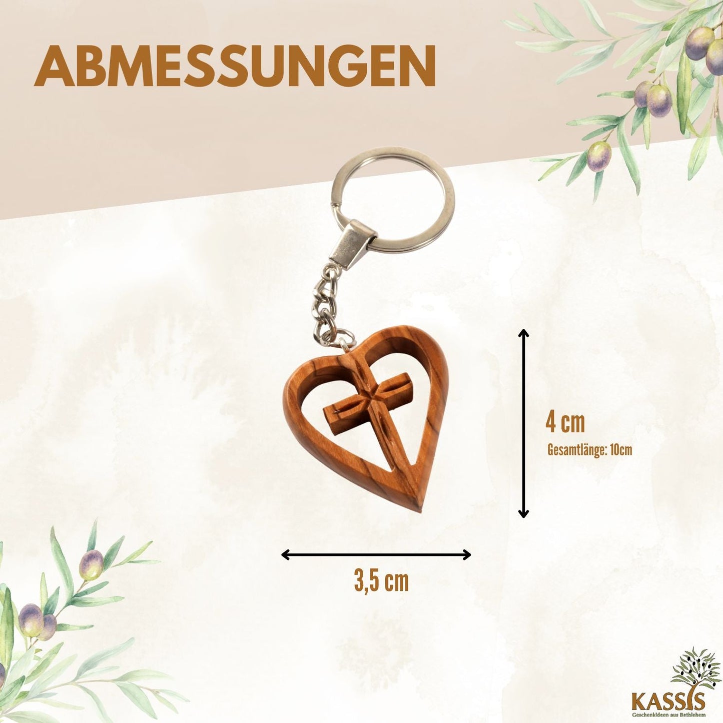 Schlüsselanhänger Kreuz im Herz aus Olivenholz | Liebevoller Glücksbringer als Geschenk zur Taufe, Kommunion & Geburtstag