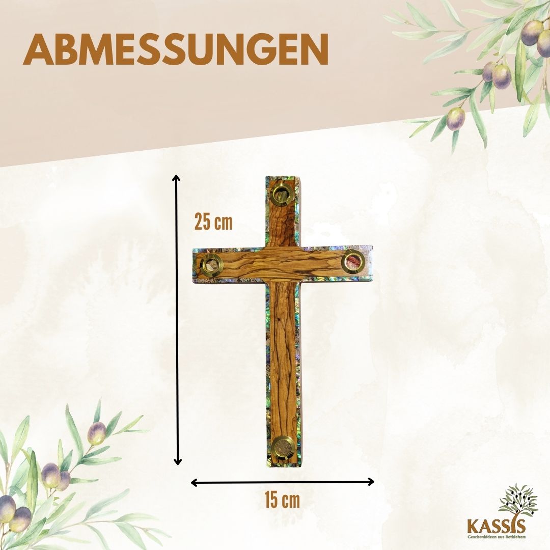 Olivenholz Kreuz mit Einlagen aus Bethlehem 25 × 15 cm | Wandkreuz mit Erde, Steinen, Weihrauch & Olivenblättern