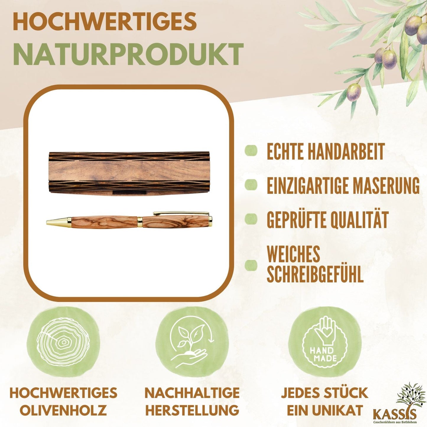 Kugelschreiber aus Olivenholz in Holzschachtel | Edles Schreibset als Geschenk für Büro, Geburtstag & Abschluss